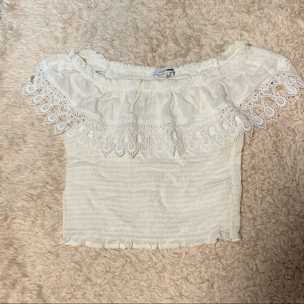 FASHION NOVA OFF THE SHOULDER LACED CROP TOP